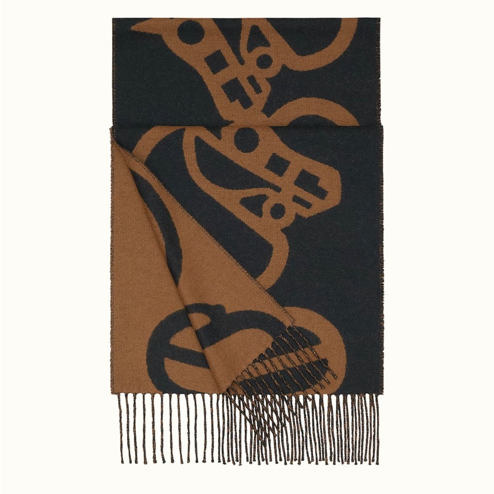 💯Auth. Hermes Boucles et Camails muffler Black and Tan